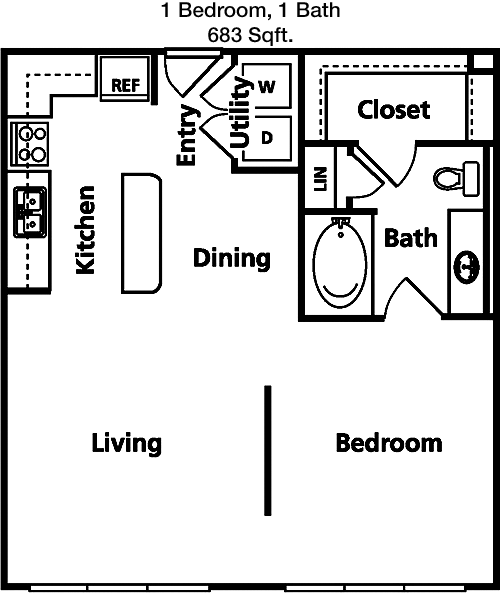 683 sq ft floorplan layout