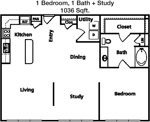 1,036 sq ft floorplan layout