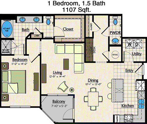 1,107 sq ft floorplan layout