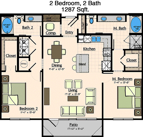 1,287 sq ft floorplan layout