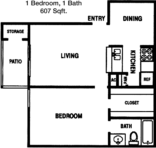 607 sq ft floorplan layout