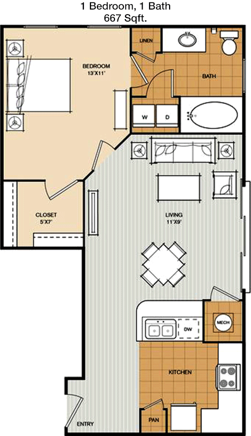 667 sq ft floorplan layout