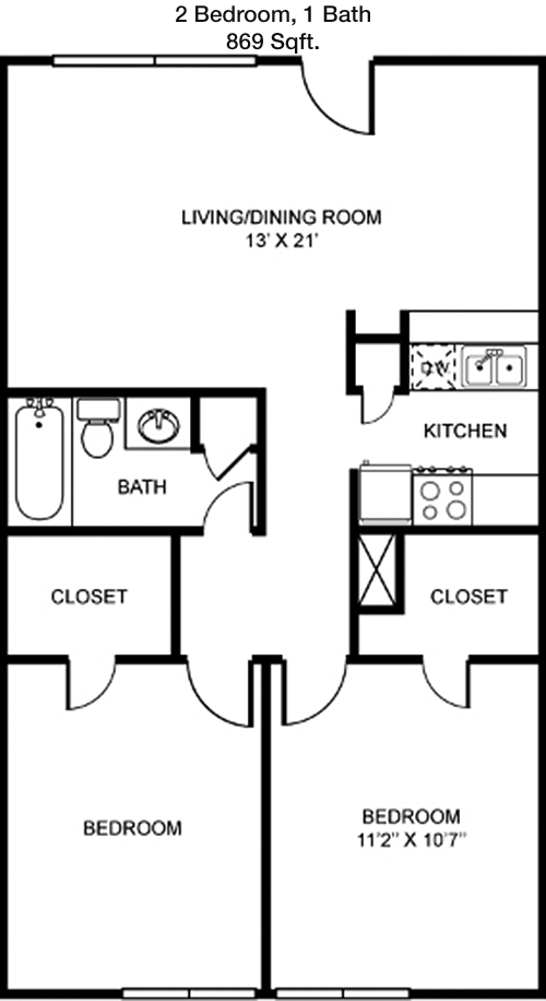 869 sq ft floorplan layout