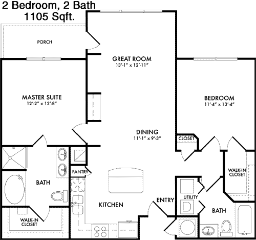 1,105 sq ft floorplan layout