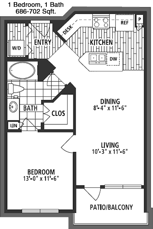 686 sq ft floorplan layout