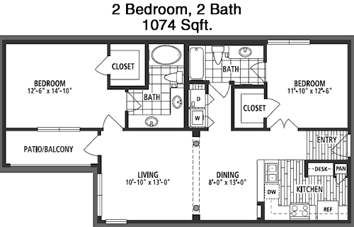 1,074 sq ft floorplan layout