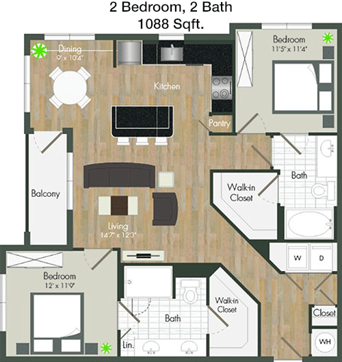 1,088 sq ft floorplan layout