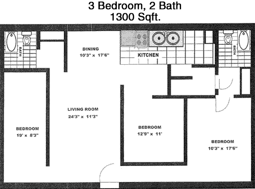 1,300 sq ft floorplan layout