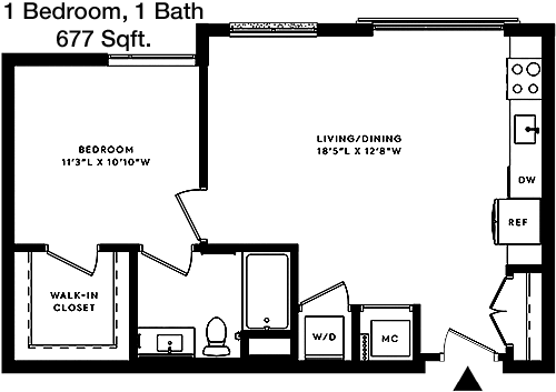 677 sq ft floorplan layout