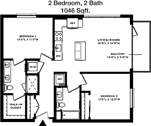 1,046 sq ft floorplan layout