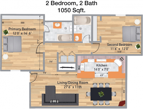 1,050 sq ft floorplan layout