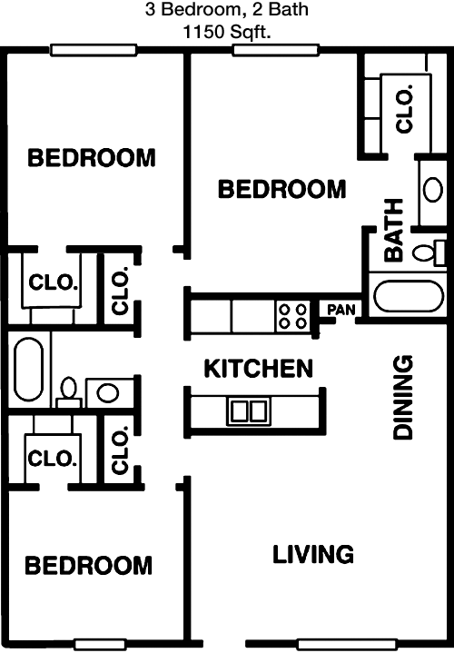 1,150 sq ft floorplan layout