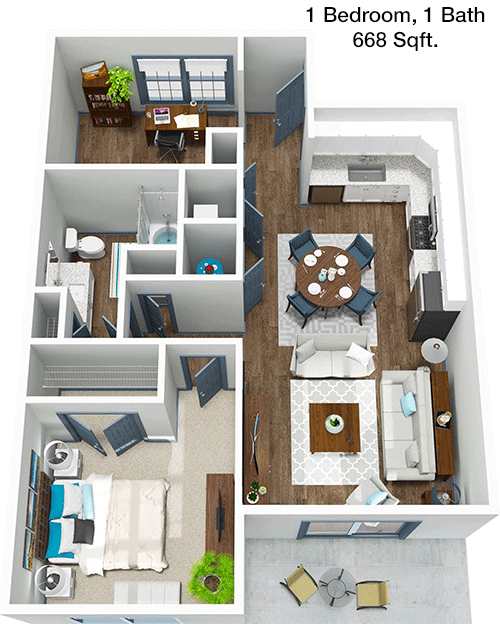 668 sq ft floorplan layout
