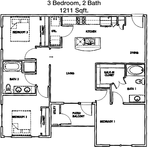1,211 sq ft floorplan layout