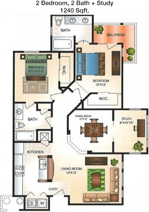 1,240 sq ft floorplan layout