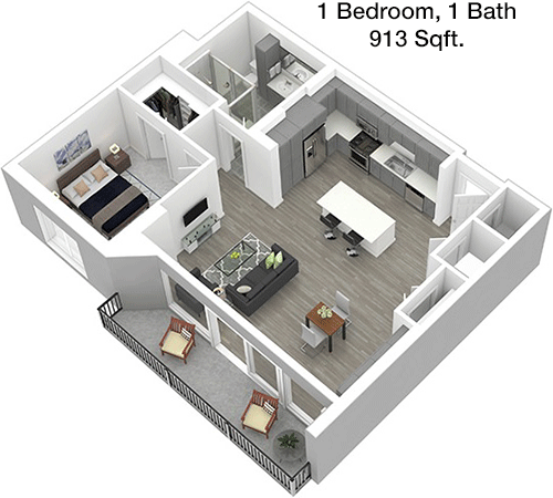 913 sq ft floorplan layout