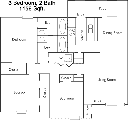 1,158 sq ft floorplan layout