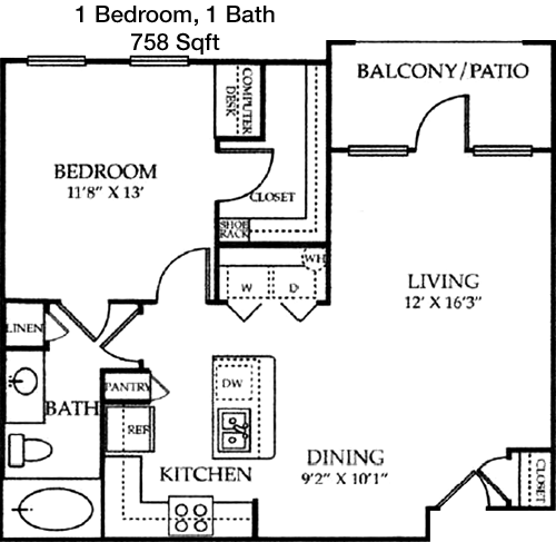 758 sq ft floorplan layout