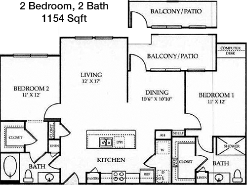 1,154 sq ft floorplan layout