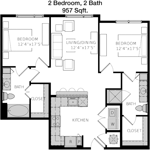 957 sq ft floorplan layout