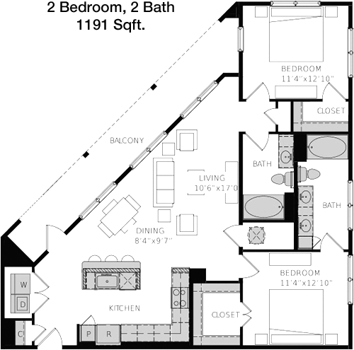 1,191 sq ft floorplan layout