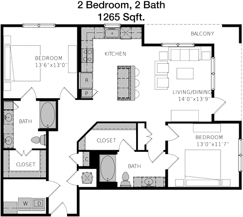 1,265 sq ft floorplan layout