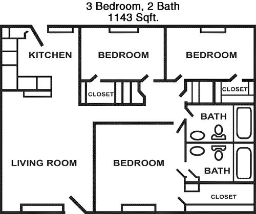 1,143 sq ft floorplan layout