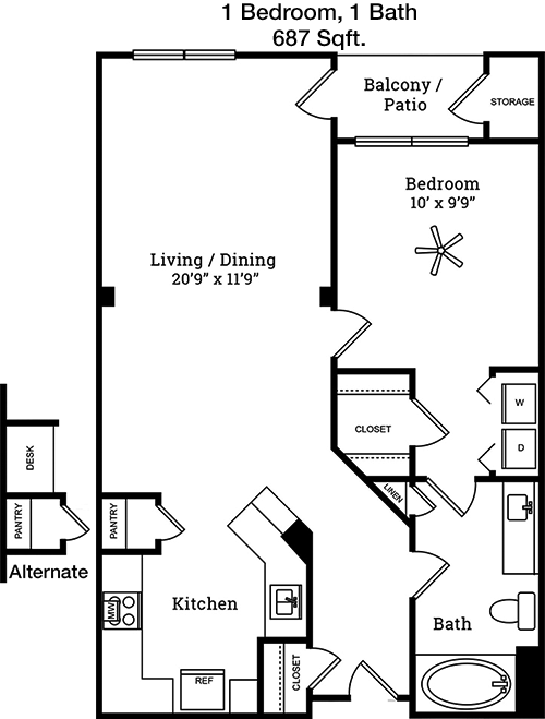 687 sq ft floorplan layout