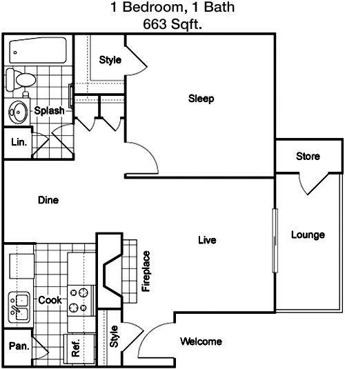 663 sq ft floorplan layout