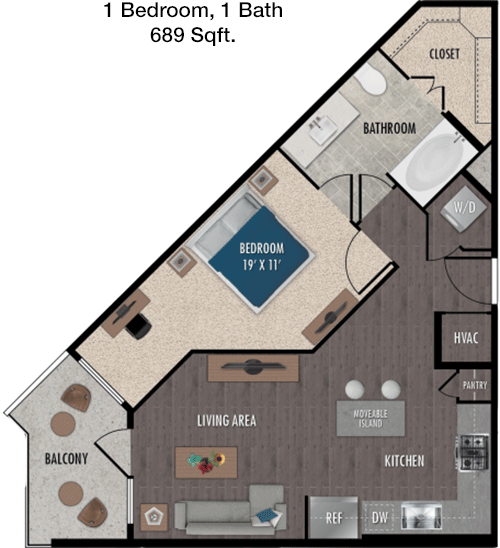 689 sq ft floorplan layout