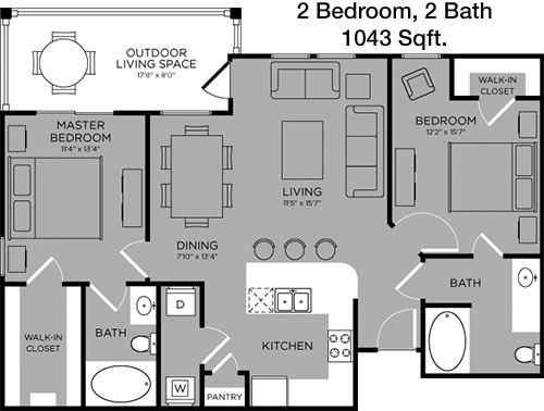 1,043 sq ft floorplan layout