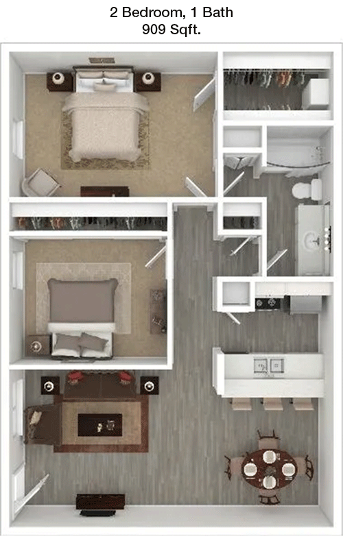 909 sq ft floorplan layout