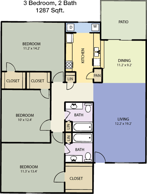 1,287 sq ft floorplan layout