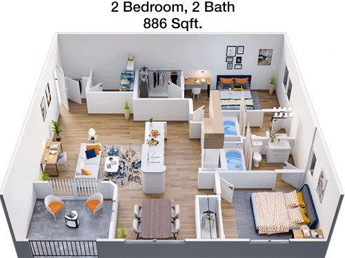 886 sq ft floorplan layout