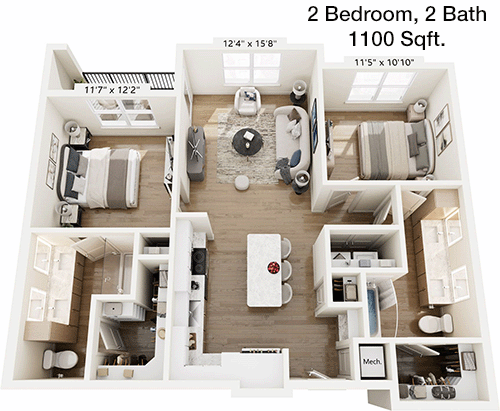 1,100 sq ft floorplan layout