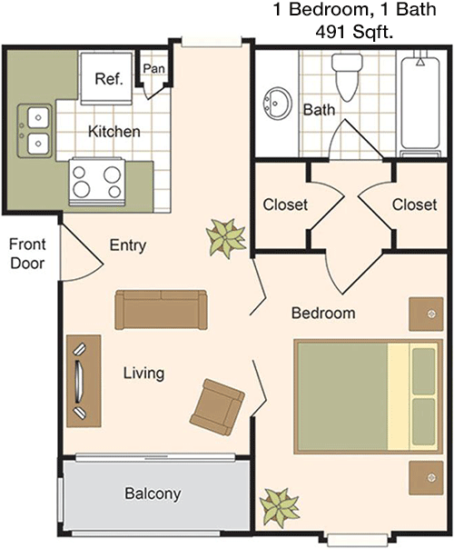 491 sq ft floorplan layout