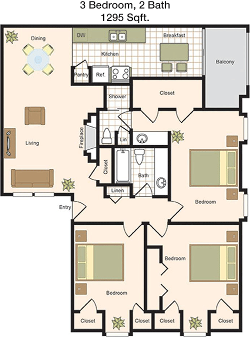 1,295 sq ft floorplan layout