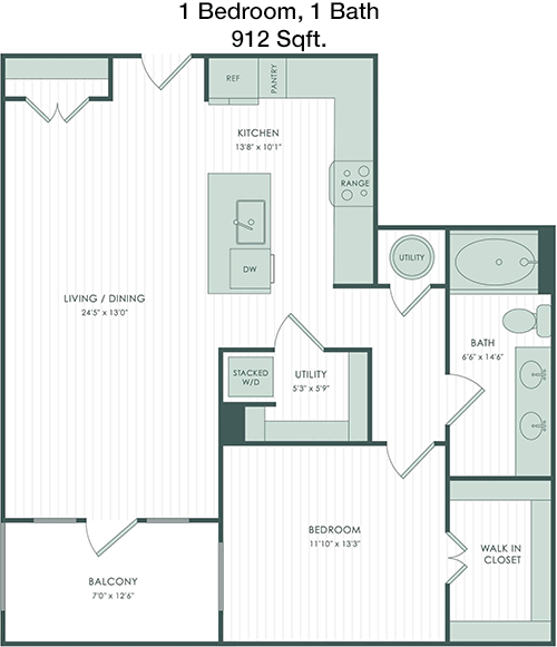 912 sq ft floorplan layout
