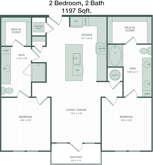 1,197 sq ft floorplan layout