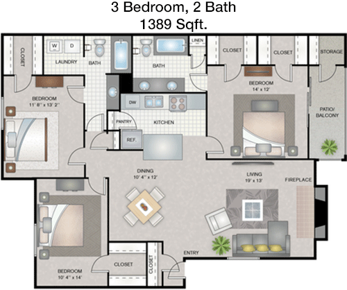 1,389 sq ft floorplan layout