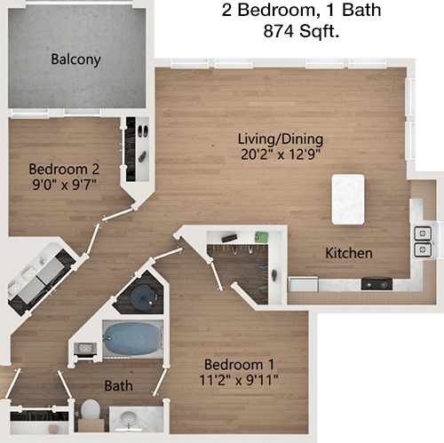 874 sq ft floorplan layout