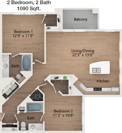 1,090 sq ft floorplan layout