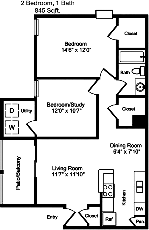 845 sq ft floorplan layout