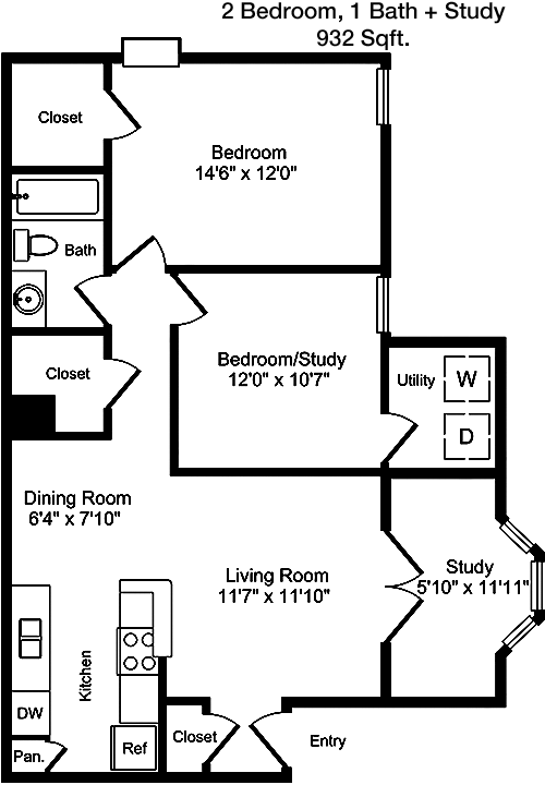 932 sq ft floorplan layout