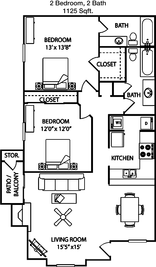1,125 sq ft floorplan layout