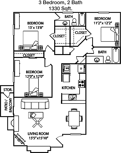 1,330 sq ft floorplan layout