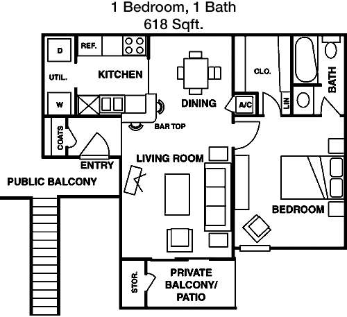 1 Bed, 1 Bath floorplan layout
