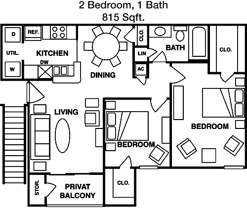 2 Bed, 1 Bath floorplan layout