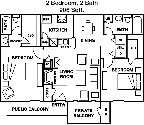 2 Bed, 2 Bath floorplan layout