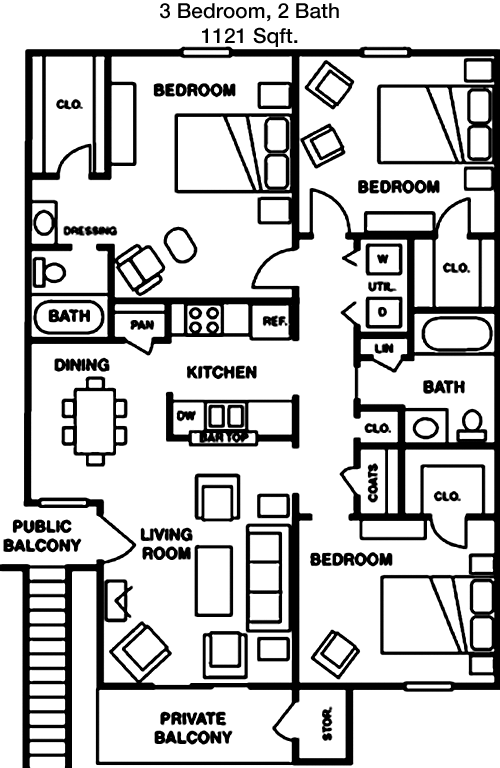 3 Bed, 2 Bath floorplan layout